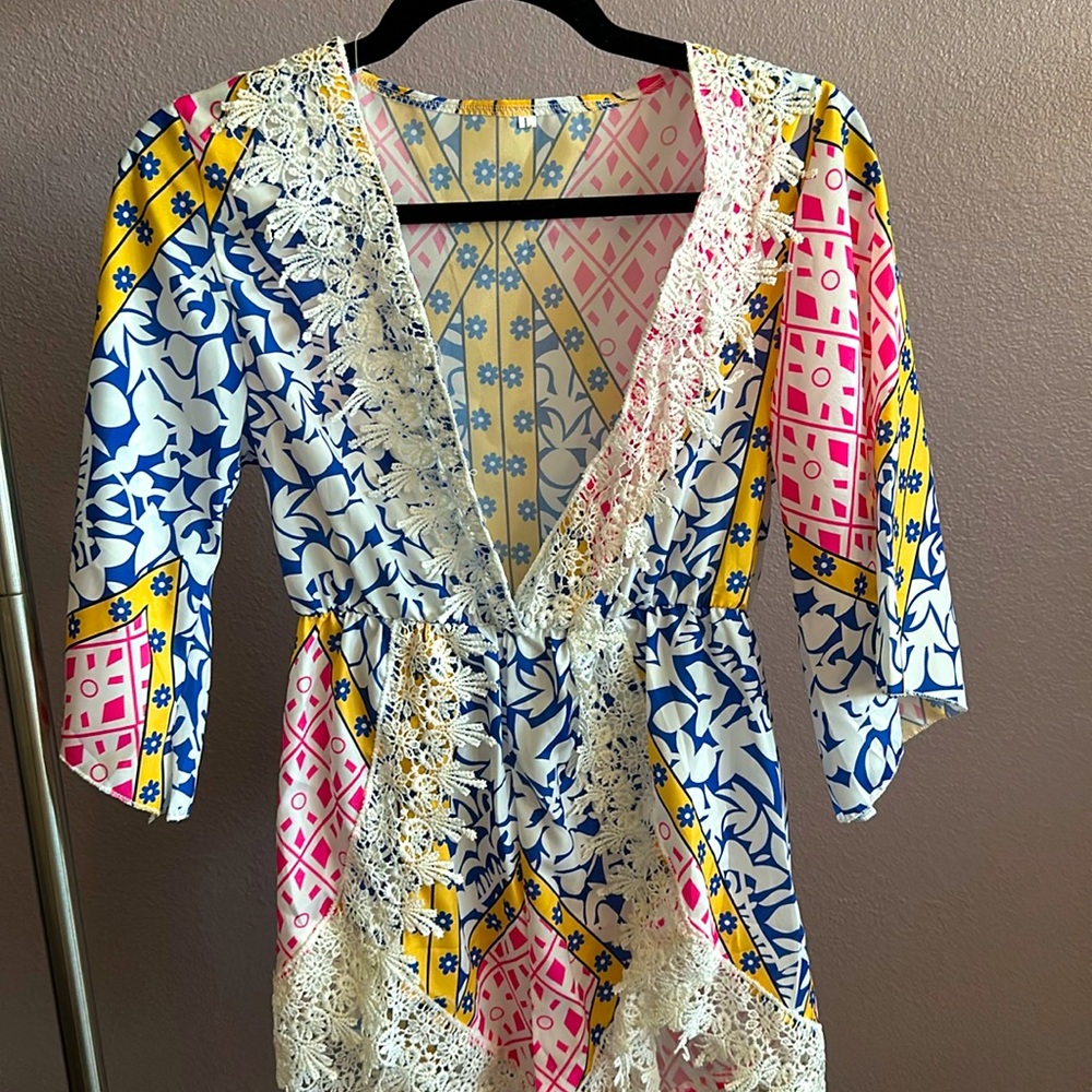 Blue & Pink V Neck Romper